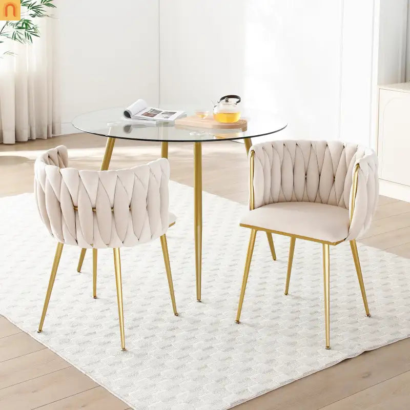 Dining Chair Modern Velvet Beige Set of 2 with Gold Metal Legs Upholstered